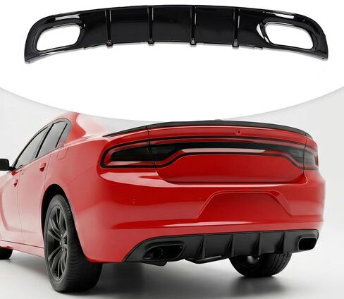 الناشر الخلفي متوافق مع 2015-2024 دودج تشارجر RT & SXT Bumper 4 Shark Fin المصد الخلفي مربع العادم الشفة السفلية الناشر ABS البلاستيك الأسود اللامع (نمط الروك) in Saudi Arabia