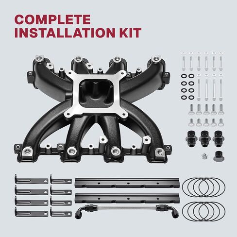 300-136 LS مشعب السحب من الألومنيوم EFI طائرة واحدة متوسطة الارتفاع متوافقة مع محرك كاديلاك شيفروليه جي إم سي بونتياك مستطيل الشكل GM LS3 L76 L92 L99 6.2L 6.0L، أسود in Kuwait