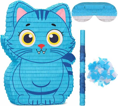 Crtiin Kpop Piñata Kpop زينة الحفلات الموسيقية Blue Cat Piñata مع خفاش معصوب العينين لاجتماع المعجبين بموضوع الرسوم المتحركة وديكورات حفلات أعياد الميلاد والأنشطة الخارجية 16.5 بوصة × 12.6 بوصة × 3.1 بوصة (K Pop) in Kuwait