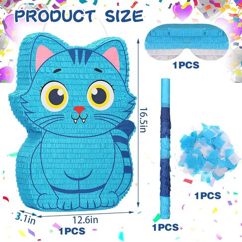 Crtiin Kpop Piñata Kpop زينة الحفلات الموسيقية Blue Cat Piñata مع خفاش معصوب العينين لاجتماع المعجبين بموضوع الرسوم المتحركة وديكورات حفلات أعياد الميلاد والأنشطة الخارجية 16.5 بوصة × 12.6 بوصة × 3.1 بوصة (K Pop) in Kuwait