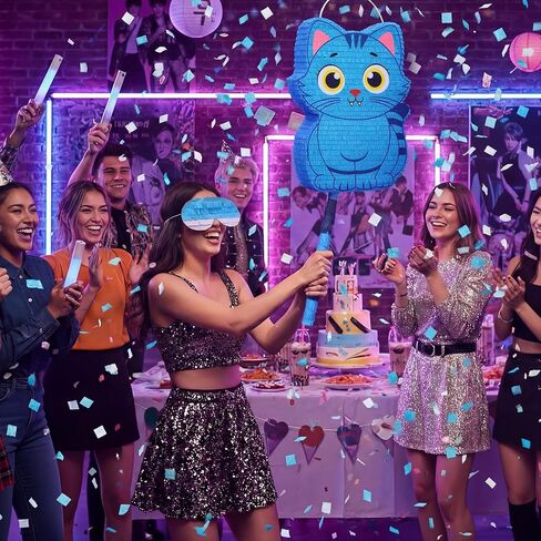 Crtiin Kpop Piñata Kpop زينة الحفلات الموسيقية Blue Cat Piñata مع خفاش معصوب العينين لاجتماع المعجبين بموضوع الرسوم المتحركة وديكورات حفلات أعياد الميلاد والأنشطة الخارجية 16.5 بوصة × 12.6 بوصة × 3.1 بوصة (K Pop) in Kuwait
