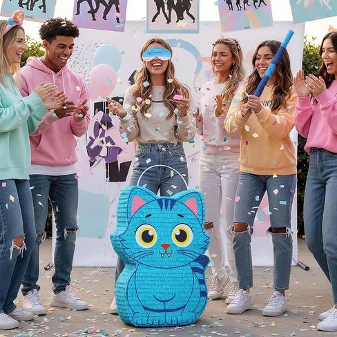 Crtiin Kpop Piñata Kpop زينة الحفلات الموسيقية Blue Cat Piñata مع خفاش معصوب العينين لاجتماع المعجبين بموضوع الرسوم المتحركة وديكورات حفلات أعياد الميلاد والأنشطة الخارجية 16.5 بوصة × 12.6 بوصة × 3.1 بوصة (K Pop) in Kuwait