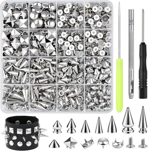 630 Pcs Punk Studs for Clothing, 10 Sizes Cone Spikes for Clothes, Square & Round Dome Pyramid Studs and Spikes, Leather Rivets Metal Spike for Crafts Bags Belts Shoes Caps Necklace Decor with Tools in Saudi Arabia