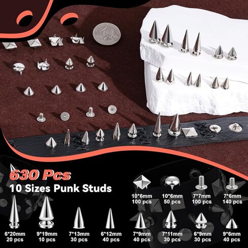 630 Pcs Punk Studs for Clothing, 10 Sizes Cone Spikes for Clothes, Square & Round Dome Pyramid Studs and Spikes, Leather Rivets Metal Spike for Crafts Bags Belts Shoes Caps Necklace Decor with Tools in Saudi Arabia