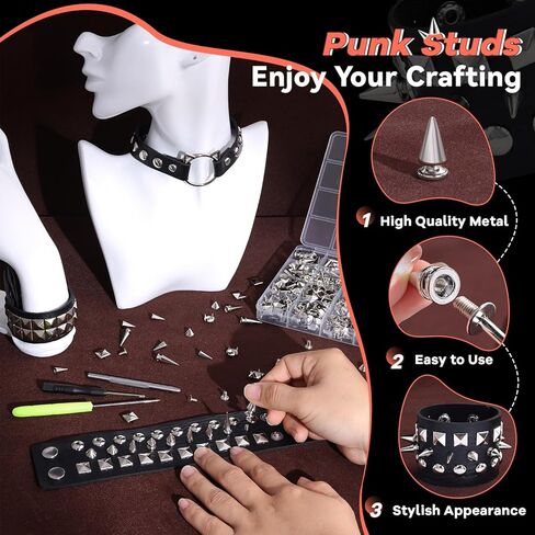 630 Pcs Punk Studs for Clothing, 10 Sizes Cone Spikes for Clothes, Square & Round Dome Pyramid Studs and Spikes, Leather Rivets Metal Spike for Crafts Bags Belts Shoes Caps Necklace Decor with Tools in Saudi Arabia
