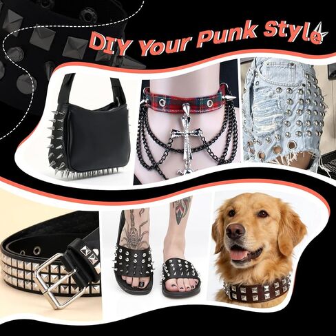 630 Pcs Punk Studs for Clothing, 10 Sizes Cone Spikes for Clothes, Square & Round Dome Pyramid Studs and Spikes, Leather Rivets Metal Spike for Crafts Bags Belts Shoes Caps Necklace Decor with Tools in Saudi Arabia