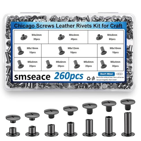 smseace 260 قطعة مسامير شيكاغو السوداء 7 أحجام مجموعة المسامير الجلدية M5x4،5،6،8،10،12،15 المسامير للنسيج والجلود، DIY الحرفية حزمة في صندوق من البلاستيك in Kuwait