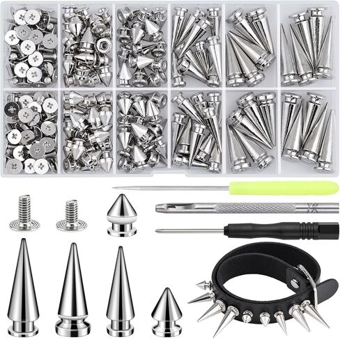 630 Pcs Punk Studs for Clothing, 10 Sizes Cone Spikes for Clothes, Square & Round Dome Pyramid Studs and Spikes, Leather Rivets Metal Spike for Crafts Bags Belts Shoes Caps Necklace Decor with Tools in Saudi Arabia