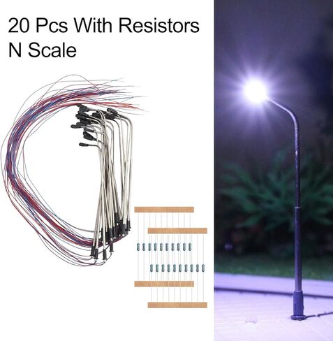 مصباح شارع LED للسكك الحديدية طراز N بمقياس N - مصباح أبيض برأس واحد مع مقاومات، 20 حزمة، متوافق مع 3V-12V DC/AC، ABS + معدن، لتخطيطات البناء، ومشاهد القطار، ونموذج DIY in Kuwait