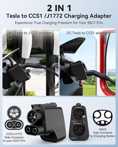 ترقية 2In1 NACS إلى CCS محول، ماكس 500A 1000V تسلا شاحن فائق إلى CCS1 محول الشحن، CCS1 EVs محول السيارة الكهربائية متوافق مع تسلا AC / DC المستوى 1 2 3 محطات الشحن in Kuwait