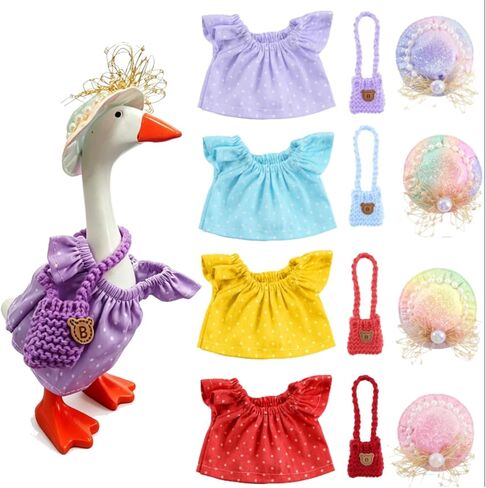 4 Sets Mini Desk Goose Outfits 7 Inches Mini Desk Goose Summer Clothes with Cute Felt Hat Dresses and Bag for Magnetic Porch Geese Key Holder Decor Gifts (Multi-Color 1, 7inches) in Kuwait