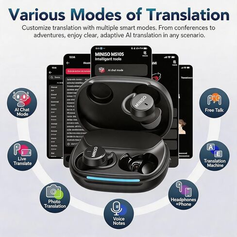 سماعات أذن MINISO MS217، 2026 سماعات أذن جديدة MS217 AI للترجمة في الوقت الفعلي، سماعات رأس لمترجم اللغة AI سماعات رأس Audiofonos Traductores Inglés Español تدعم 165 لغة للسفر in Kuwait