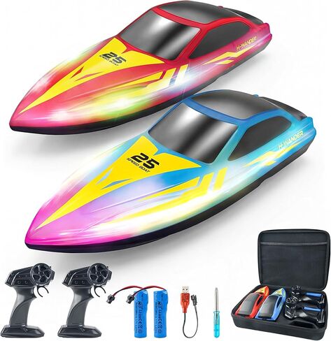 BEZGAR Remote Control Boat - 2 Packs 10 inch RC Boat with 7 LED Lighting Effects & 120 Min Playtime, 15 KPH RC Boats for Pool, Lake Fun for Kids Adults Red&Blue HJ825B in Kuwait