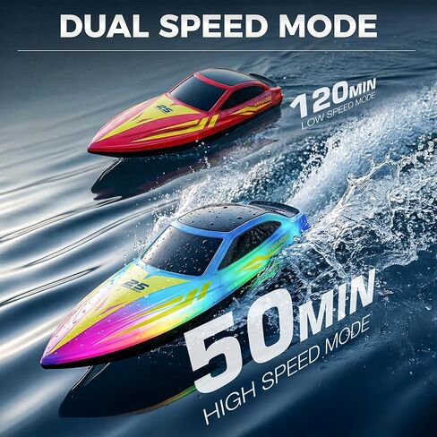 BEZGAR Remote Control Boat - 2 Packs 10 inch RC Boat with 7 LED Lighting Effects & 120 Min Playtime, 15 KPH RC Boats for Pool, Lake Fun for Kids Adults Red&Blue HJ825B in Kuwait