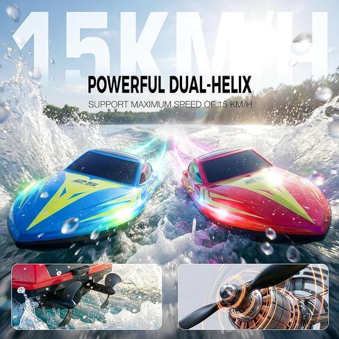 BEZGAR Remote Control Boat - 2 Packs 10 inch RC Boat with 7 LED Lighting Effects & 120 Min Playtime, 15 KPH RC Boats for Pool, Lake Fun for Kids Adults Red&Blue HJ825B in Kuwait