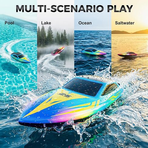 BEZGAR Remote Control Boat - 2 Packs 10 inch RC Boat with 7 LED Lighting Effects & 120 Min Playtime, 15 KPH RC Boats for Pool, Lake Fun for Kids Adults Red&Blue HJ825B in Kuwait