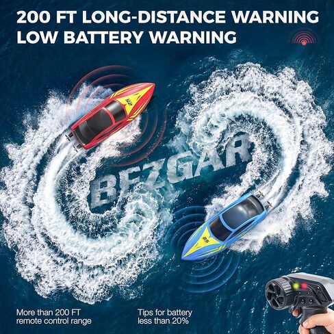 BEZGAR Remote Control Boat - 2 Packs 10 inch RC Boat with 7 LED Lighting Effects & 120 Min Playtime, 15 KPH RC Boats for Pool, Lake Fun for Kids Adults Red&Blue HJ825B in Kuwait