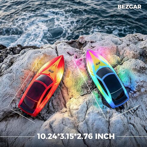 BEZGAR Remote Control Boat - 2 Packs 10 inch RC Boat with 7 LED Lighting Effects & 120 Min Playtime, 15 KPH RC Boats for Pool, Lake Fun for Kids Adults Red&Blue HJ825B in Kuwait