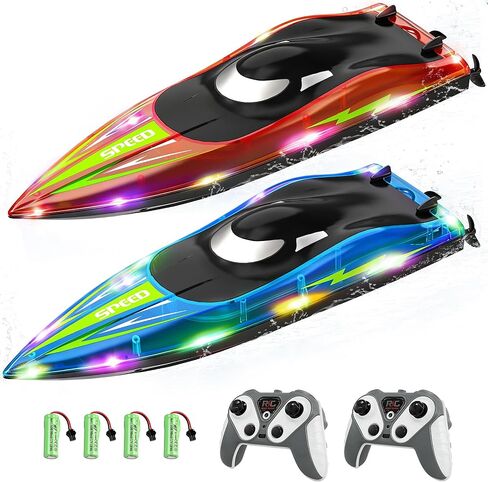 RC Boat with LED Lights - Toddler 14Inch Remote Control Boat for Kids and Adults, 2.4Ghz Fast RC Boats 15 KPH for Lakes & Pools with 4 Rechargeable Battery, Summer Toys Gifts for Kids Age 8-12 (2) in Kuwait