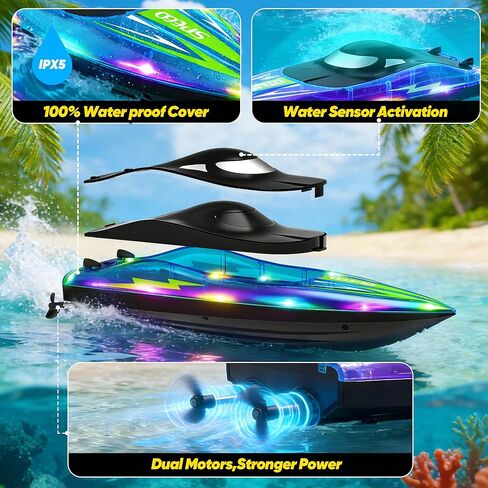 RC Boat with LED Lights - Toddler 14Inch Remote Control Boat for Kids and Adults, 2.4Ghz Fast RC Boats 15 KPH for Lakes & Pools with 4 Rechargeable Battery, Summer Toys Gifts for Kids Age 8-12 (2) in Kuwait
