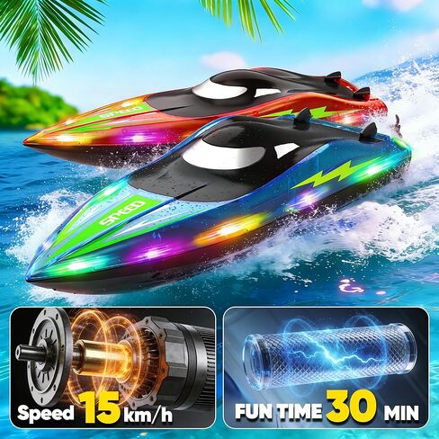 RC Boat with LED Lights - Toddler 14Inch Remote Control Boat for Kids and Adults, 2.4Ghz Fast RC Boats 15 KPH for Lakes & Pools with 4 Rechargeable Battery, Summer Toys Gifts for Kids Age 8-12 (2) in Kuwait