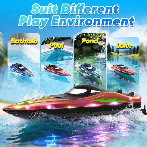 RC Boat with LED Lights - Toddler 14Inch Remote Control Boat for Kids and Adults, 2.4Ghz Fast RC Boats 15 KPH for Lakes & Pools with 4 Rechargeable Battery, Summer Toys Gifts for Kids Age 8-12 (2) in Kuwait