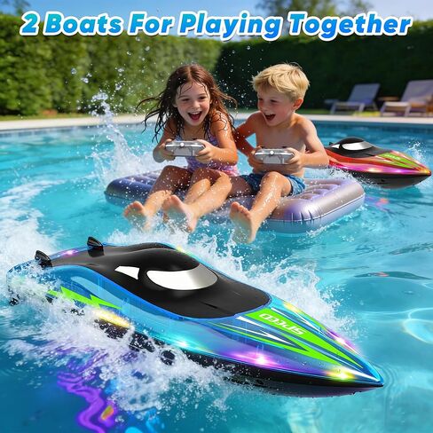 RC Boat with LED Lights - Toddler 14Inch Remote Control Boat for Kids and Adults, 2.4Ghz Fast RC Boats 15 KPH for Lakes & Pools with 4 Rechargeable Battery, Summer Toys Gifts for Kids Age 8-12 (2) in Kuwait