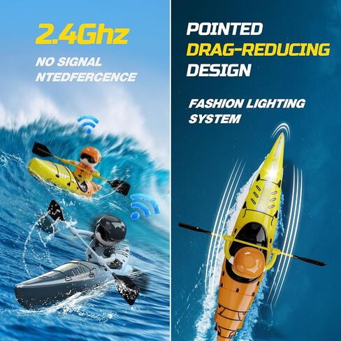 DEERC RC قارب كاياك للأطفال، 2.4 جيجا هرتز للتحكم عن بعد في قارب القرش مع ضوء LED لحمامات السباحة، البحيرة، حوض الاستحمام لا ينقلب أبدًا في الصيف ألعاب مائية خارجية هدية للأولاد والبنات in Kuwait