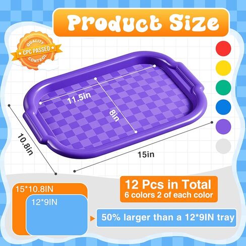 Acellegic 12 حزمة صواني فنية بلاستيكية كبيرة للأطفال 15 "× 10.8" صواني حرفية قابلة للتكديس نشاط تنظيم الخدمة الحسية للفصول الدراسية في مرحلة ما قبل المدرسة التي تخدم المجوهرات DIY مشاريع الرسم، 6 ألوان in Kuwait