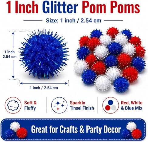 300Pcs 1 Inch Glitter Pom Poms, Red White Blue Patriotic Pom Poms for 4th of July Crafts, DIY Art, Wreath & Party Decorations in Kuwait