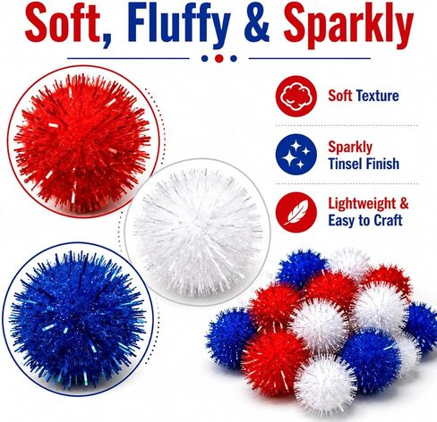 300Pcs 1 Inch Glitter Pom Poms, Red White Blue Patriotic Pom Poms for 4th of July Crafts, DIY Art, Wreath & Party Decorations in Kuwait