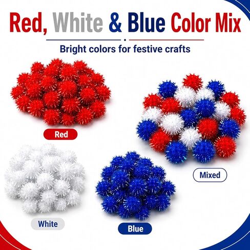 300Pcs 1 Inch Glitter Pom Poms, Red White Blue Patriotic Pom Poms for 4th of July Crafts, DIY Art, Wreath & Party Decorations in Kuwait
