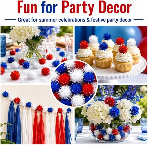 300Pcs 1 Inch Glitter Pom Poms, Red White Blue Patriotic Pom Poms for 4th of July Crafts, DIY Art, Wreath & Party Decorations in Kuwait