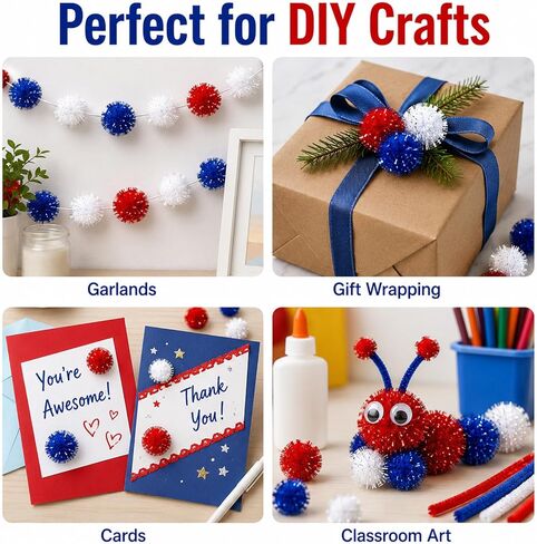300Pcs 1 Inch Glitter Pom Poms, Red White Blue Patriotic Pom Poms for 4th of July Crafts, DIY Art, Wreath & Party Decorations in Kuwait