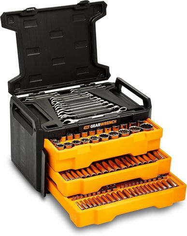 مجموعة أدوات ميكانيكا GEARWRENCH في صندوق تخزين 3 أدراج، 257 قطعة، 1/4 بوصة 3/8 بوصة و1/2 بوصة محرك، متري/SAE | GW72XLCBMTS in Kuwait