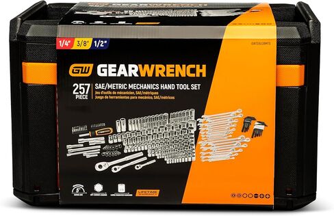 مجموعة أدوات ميكانيكا GEARWRENCH في صندوق تخزين 3 أدراج، 257 قطعة، 1/4 بوصة 3/8 بوصة و1/2 بوصة محرك، متري/SAE | GW72XLCBMTS in Kuwait
