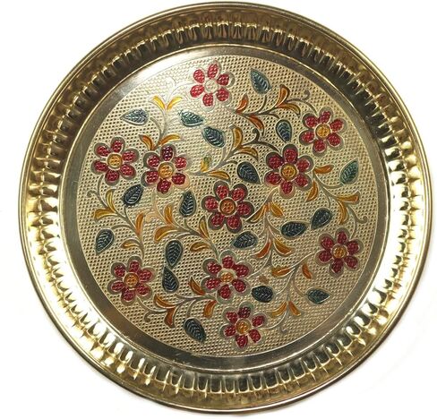 ASHIRWAD Pure Brass Nakashi Flower Peacock Design Laddu Gopal Puja Plate set Embossed Aarti Puja Meenakari Pital Thali Karwa Chauth Rakhi Diwali Hindu Rituals Pooja (6 inches P3) in Saudi Arabia