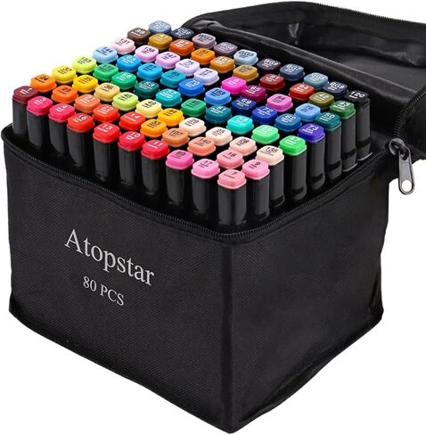 ATOPSTAR 80 لونًا من علامات الكحول، فن رسم فني للأطفال، طرف مزدوج، لوازم تلوين للبالغين، مثالية للأولاد والبنات والطلاب البالغين (80 غلاف أسود) in Kuwait