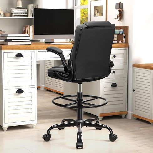 Drafting Chair, Tall Office Chair for Standing Desk, High Executive Leather Ergonomic Computer Chair with Adjustable Height and Flip-Up Armrest for Counter Height Desk, Black, Pack of 1 in Kuwait