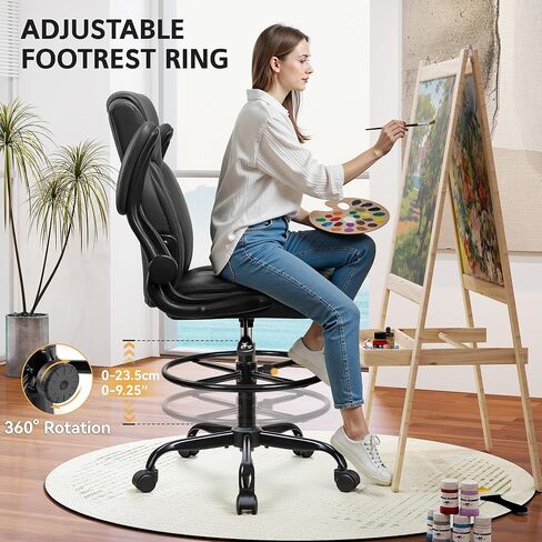 Drafting Chair, Tall Office Chair for Standing Desk, High Executive Leather Ergonomic Computer Chair with Adjustable Height and Flip-Up Armrest for Counter Height Desk, Black, Pack of 1 in Kuwait