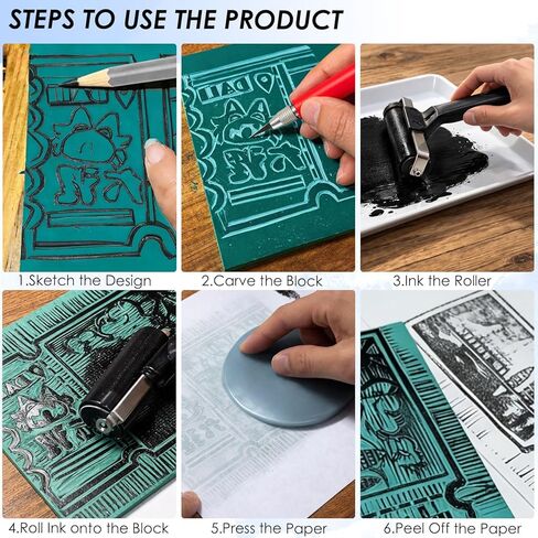 مجموعة KAKABUBBLE Linocut لصناعة الطباعة، مجموعة صنع الطوابع مع كتل مشمع، أدوات نحت، براير، حبر وورق نقل - مجموعة طباعة المكعبات للمبتدئين والفنانين والحرف اليدوية in Kuwait