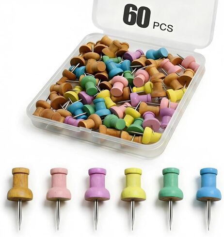 Colorful Wood Push Pins, Decorative Wooden Thumb Tacks for Cork Board and Bulletin Board, Map Pins for Wall, 60 Pieces in Kuwait