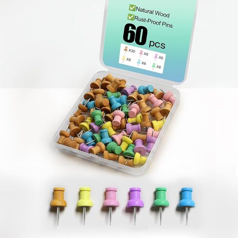 Colorful Wood Push Pins, Decorative Wooden Thumb Tacks for Cork Board and Bulletin Board, Map Pins for Wall, 60 Pieces in Kuwait