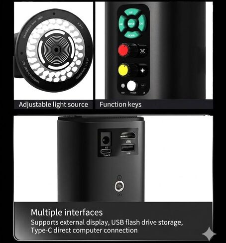 كاميرا مجهرية بدقة 4K، 60 خرزة إضاءة LED، سطوع قابل للتعديل بنسبة 0~100%، دعم HDMI/USB/Type-C، حامل ذراع متأرجح، أسود in Kuwait