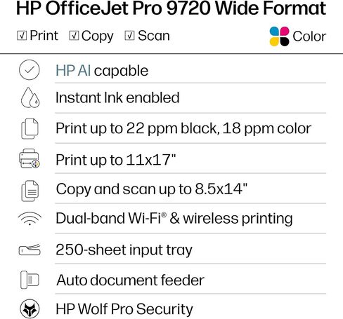 طابعة HP OfficeJet Pro 9720 اللاسلكية متعددة الإمكانات الملونة النافثة للحبر، الطباعة والمسح الضوئي والنسخ والفاكس حتى 11x17، ADF، الطباعة على الوجهين الأفضل للمكتب، تجربة 3 أشهر من الحبر الفوري متضمنة (C2XF9A) in Kuwait