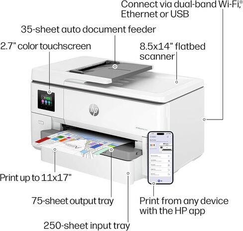 طابعة HP OfficeJet Pro 9720 اللاسلكية متعددة الإمكانات الملونة النافثة للحبر، الطباعة والمسح الضوئي والنسخ والفاكس حتى 11x17، ADF، الطباعة على الوجهين الأفضل للمكتب، تجربة 3 أشهر من الحبر الفوري متضمنة (C2XF9A) in Kuwait