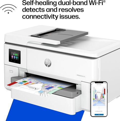 طابعة HP OfficeJet Pro 9720 اللاسلكية متعددة الإمكانات الملونة النافثة للحبر، الطباعة والمسح الضوئي والنسخ والفاكس حتى 11x17، ADF، الطباعة على الوجهين الأفضل للمكتب، تجربة 3 أشهر من الحبر الفوري متضمنة (C2XF9A) in Kuwait