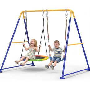 2-in-1 Swing Set for Backyard for Kids, with 1 Platform Swing, 1 Belt Swing, 440lbs Metal Swing Set for Toddler, Heavy-Duty Swing Stand w/8 Ground Stakes, Outdoor Swingset for Kids Adults (Blue) in Kuwait