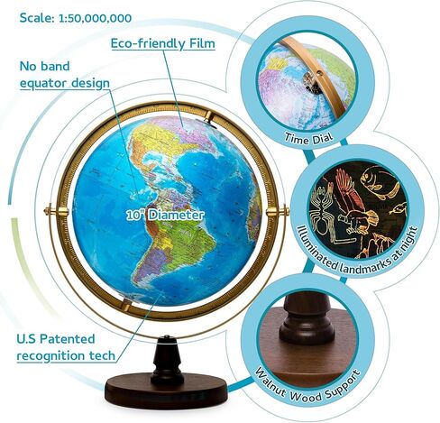 WORLD LANDMARK GLOBE - تطبيق تفاعلي ومعالم مضيئة LED في الليل، تعليم العلوم والتكنولوجيا والهندسة والرياضيات حاصل على براءة اختراع أمريكية مقاس 10 بوصات مع خريطة مفصلة in Kuwait