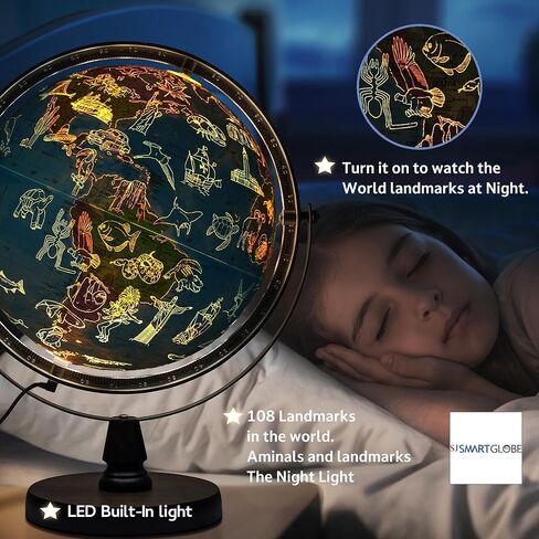 WORLD LANDMARK GLOBE - تطبيق تفاعلي ومعالم مضيئة LED في الليل، تعليم العلوم والتكنولوجيا والهندسة والرياضيات حاصل على براءة اختراع أمريكية مقاس 10 بوصات مع خريطة مفصلة in Kuwait
